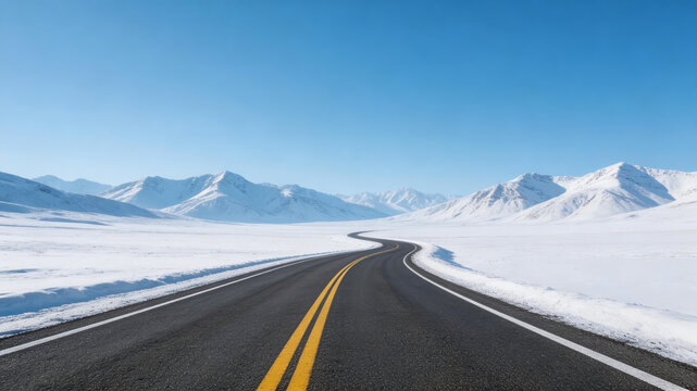 A paved road with yellow lines winds through a snowy, mountainous landscape under a clear blue sky, suggesting a serene winter journey through a remote, open alpine valley.