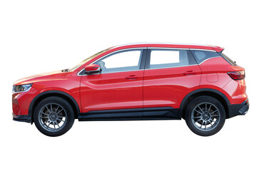 Red compact crossover SUV side view isolated on white background. Clean cut out vehicle for transportation, travel, rental, dealership ads, design templates