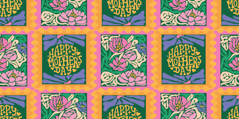 Happy Mother's Day seamless pattern with retro stamps with blooming flowers and funky 1970s typography. Colorful vector floral background, perfect for spring holiday decor, mothers day cards, and fest