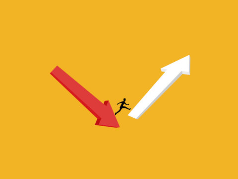 businessman dodged the falling arrow and jumped toward the upward arrow