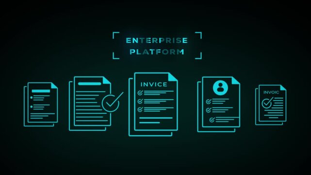 Enterprise platform concept displaying a digital document workflow with checkmarks and text for business operations on a dark background with glowing blue lines and futuristic brackets. Keywords