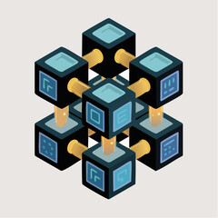 Blockchain Network Structure of Glowing Interconnected Cubes Representing Data Technology and Digital System