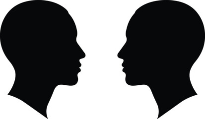 Fototapeta premium Black silhouette profile of two human heads facing each other, minimalist bald male and female head icons for psychology, communication, or medical concepts.