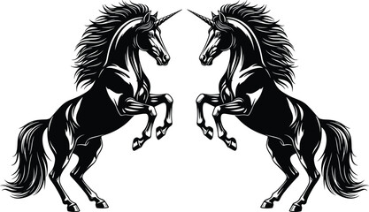Majestic silhouette of two rearing unicorns with flowing manes and sharp horns for fantasy myth design, fairytale art and magic. © Sabbir's World