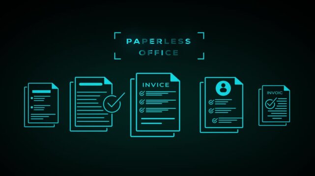 Paperless office concept showcasing a digital document workflow with checkmarks and text for efficient administration on a dark background with glowing blue lines and futuristic brackets. Keywords