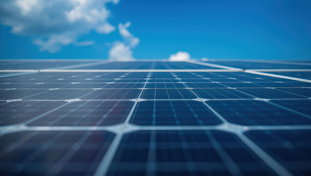 Solar panel array under blue sky with soft cloud reflection