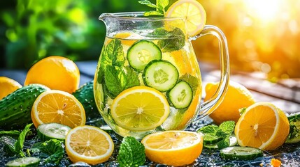 Fototapeta premium Refreshing Lemon Cucumber Mint Infused Water Pitcher on Sunny Outdoor Table