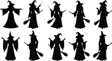 Set of black witch silhouettes in various poses with magic wands and broomsticks for Halloween party design and spooky decorations. © Sabbir's World