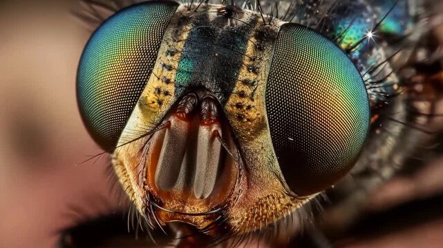 Macro Close-up of Fly Head Showing Detailed Compound Eyes and Rainbow Iridescence
