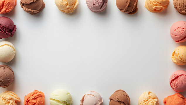 Colorful ice cream scoop border on white background evoking summer dessert joy
