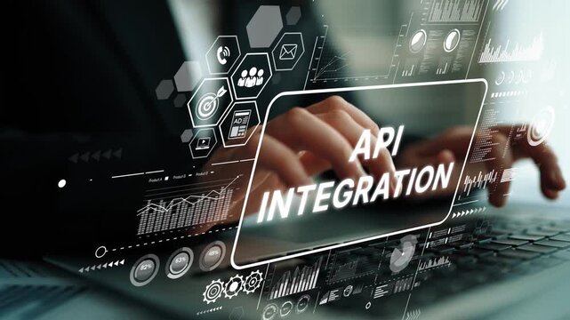 Hands on Laptop Showing API Integration with Digital Graphics and Data Visualization Elements. Asymptotic smart data analytic.