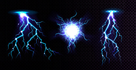 A vibrant illustration of electric blue lightning bolts striking against a dark background © shtamim