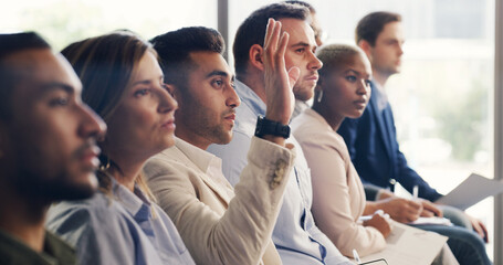 Man, raised hand and audience at conference for business people for questions, insight or feedback....