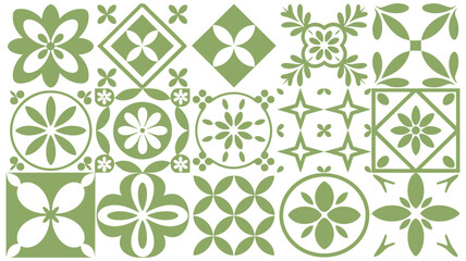 Intricate green floral and geometric tile patterns arranged in a decorative layout