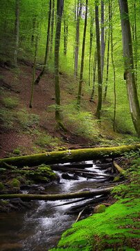 Peaceful Forest Stream with Mossy Logs Generative AI