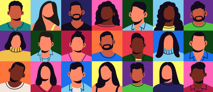 Colorful flat vector illustration featuring a diverse group of smiling men and women in a square grid layout. Ideal for social media, websites, apps, marketing materials, posters, and branding project