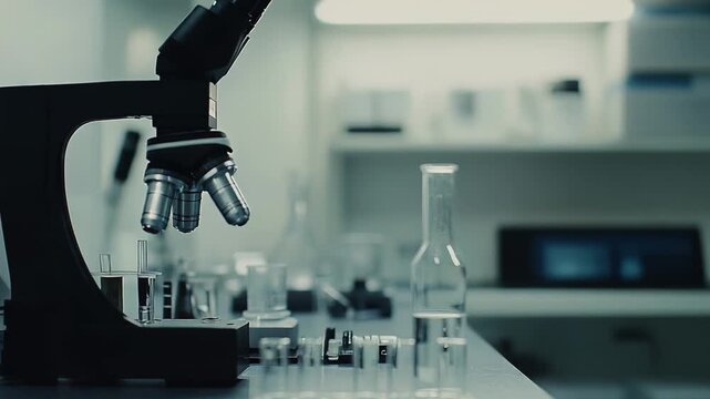 Laboratory with a microscope and several flasks and test tubes, representing scientific research, medical development, and detailed biological analysis