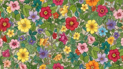 Fototapeta premium Vibrant floral pattern with colorful flowers and lush green leaves on beige background