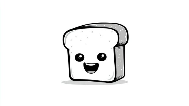 Cute Toast Character with Smiling Face Black Line Art Illustration Isolated on White Background Kids Friendly Food Design