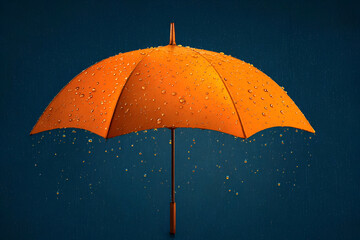 Obraz premium A vibrant orange umbrella adorned with raindrops against a deep blue background, symbolizing protection and cheer in rainy weather.
