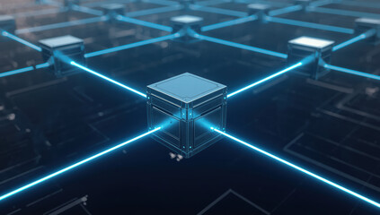 Obraz premium Futuristic network cube glowing with blue light connected by neon lines