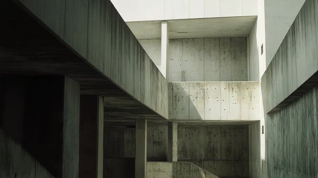 Brutalist concrete building featuring an abstract composition of geometric forms, angular shadows, and rough textures, expressing a minimalist and modern design