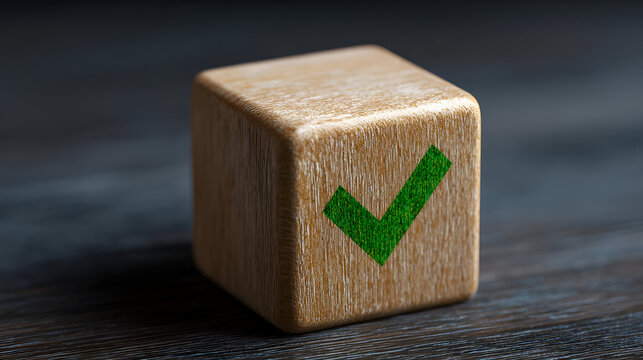 A wooden cube with a green check mark symbol, representing approval, success, or positive outcome in business communications.