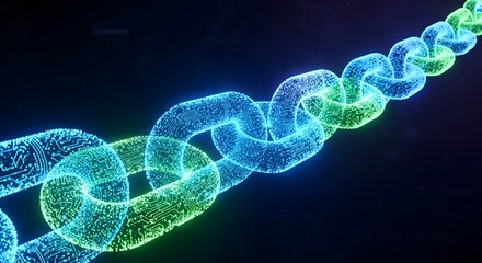 Glowing blue and green chain link structure on dark background