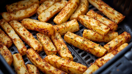 Delicious golden-brown air-fried potato sticks, seasoned to perfection, ready to be enjoyed as a savory snack or side dish.