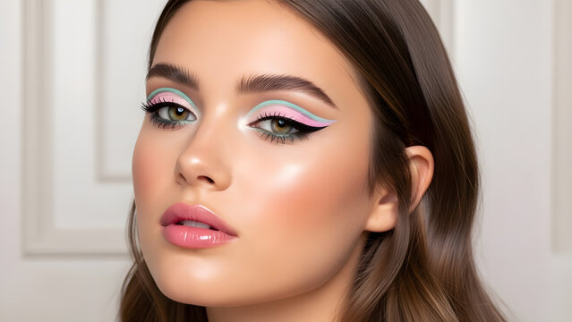 Creative Beauty Portrait of a Young Woman with Pastel Graphic Eyeliner and Glossy Pink Lips. High Fashion Makeup Trends Featuring Mint and Pink Liner with Glowing Skin. Artistic Cosmetics Photography 