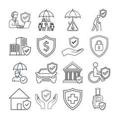 Comprehensive Insurance and Protection Line Icon Set: Secure Coverage for Family, Health, Finance, Property, and Life with Shield, Umbrella, and Safety Symbols for Business