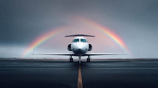 A private jet rests on the runway under a brilliant rainbow and dramatic sky.