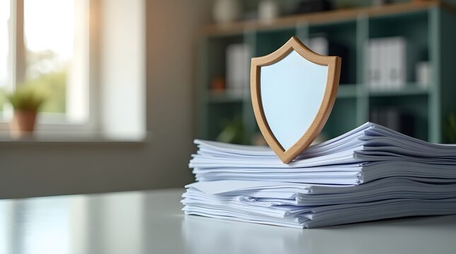 Corporate document protection concept with shield safeguarding confidential financial paperwork