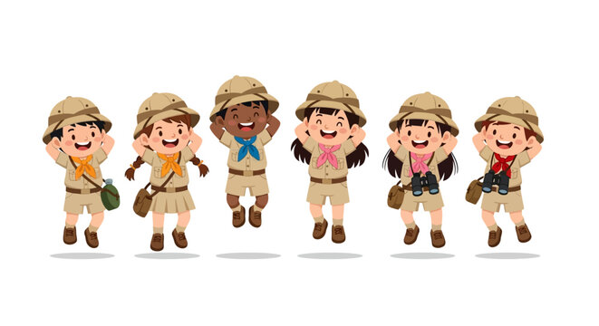 Diverse group of happy children wearing safari hats and scout uniforms jumping joyfully