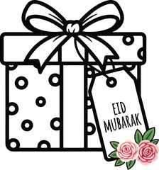 Eid Mubarak gift box illustration with floral tag, black and white festive present for Islamic holiday greetings © SAIF820