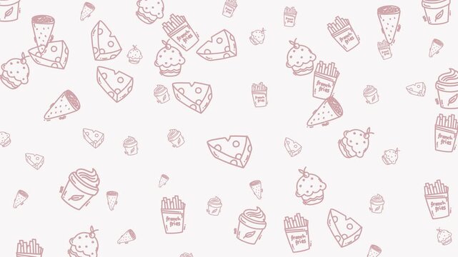 Repeating pattern of drawings with sweets and desserts perfect for greeting cards, wrapping paper, stationery, and wall decor products.