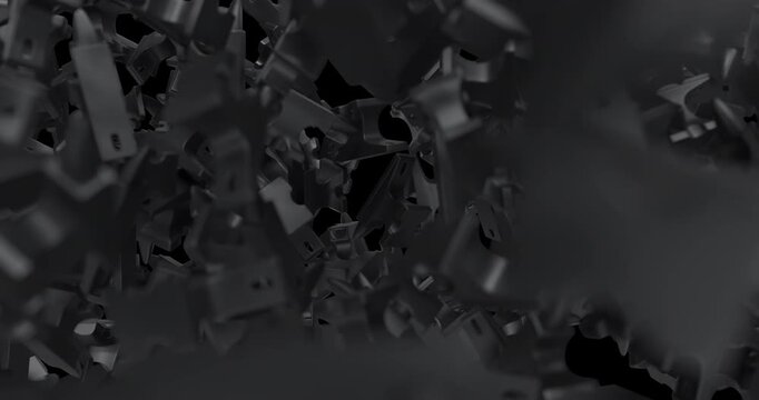 High detail 3D render of a pile of plastic fasteners and clips forming an industrial background texture. Ideal for manufacturing, hardware, and abstract design use.