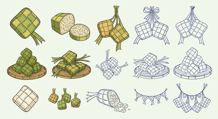 A collection of hand-drawn illustrations of Ketupat, a traditional rice cake wrapped in woven palm leaves, commonly served during festive occasions.