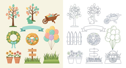 Fototapeta premium Collection of Easter-themed graphic elements including decorated trees, bunnies, wheelbarrows, wreaths, balloons, signs, and potted flowers, presented in both color and outline versions.