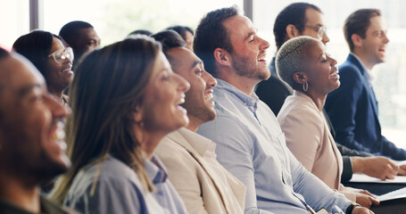 Fototapeta premium Business, crowd or people at conference with laugh, information or funny presentation at training expo. Comic, diversity and audience with happiness, speech insight and feedback at growth seminar.