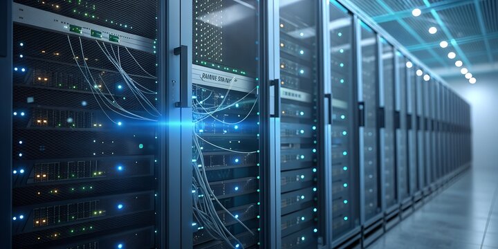 Photorealistic close-up of high-density server rack in enterprise data center, reflective metal surfaces, fiber optic cables with soft blue glow, semi-transparent AI data visualization overlay showing