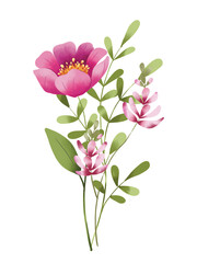 Flowers, leaves spring floral clip art. Bouquet perfectly for printing design on invitations, greeting cards, posters and other. Isolated on white background. Hand painting.