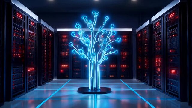 Glowing blue tree sculpture in a futuristic server room with rows of computer servers