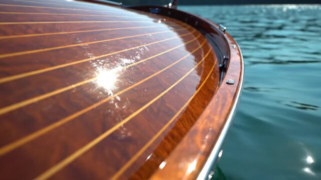Close-up on polished wooden boat deck gliding on clear blue water, sunlight glinting