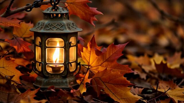 A lantern with a lit candle surrounded by vibrant autumn leaves on a fall day