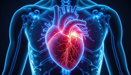 Glowing human heart with vibrant red and blue veins and arteries