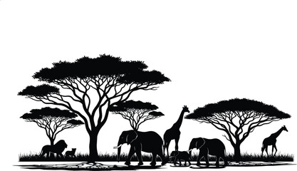 African safari wildlife landscape silhouette, savanna panoramic border with elephant giraffe lion and acacia tree, nature wildlife isolated on white background, © Rowshan
