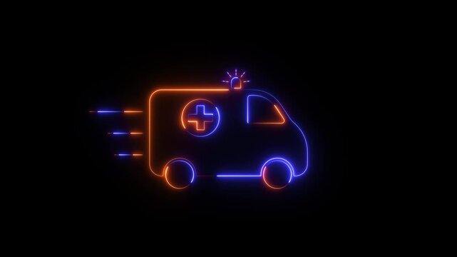 Neon Out Line ambulance icon animation. Glowing Medical rescue service motion. Ambulance emergency service 4k video footage.