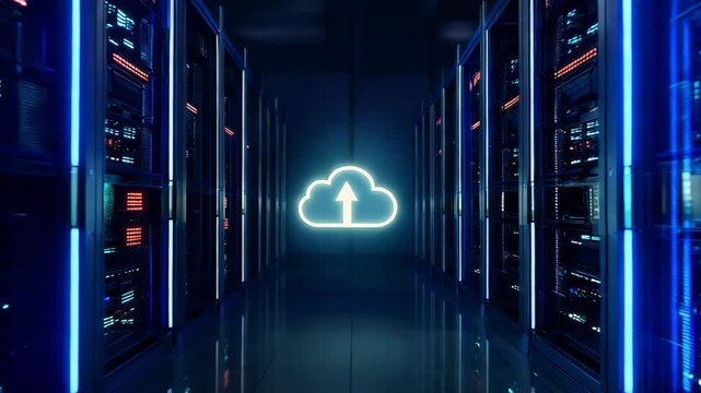 Rows of computer servers in a data center with a cloud icon on the wall