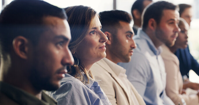 Business people, meeting and listening with workshop in row for conference or training staff. Group, employee or colleagues in line with audience for work convention, seminar or team presentation